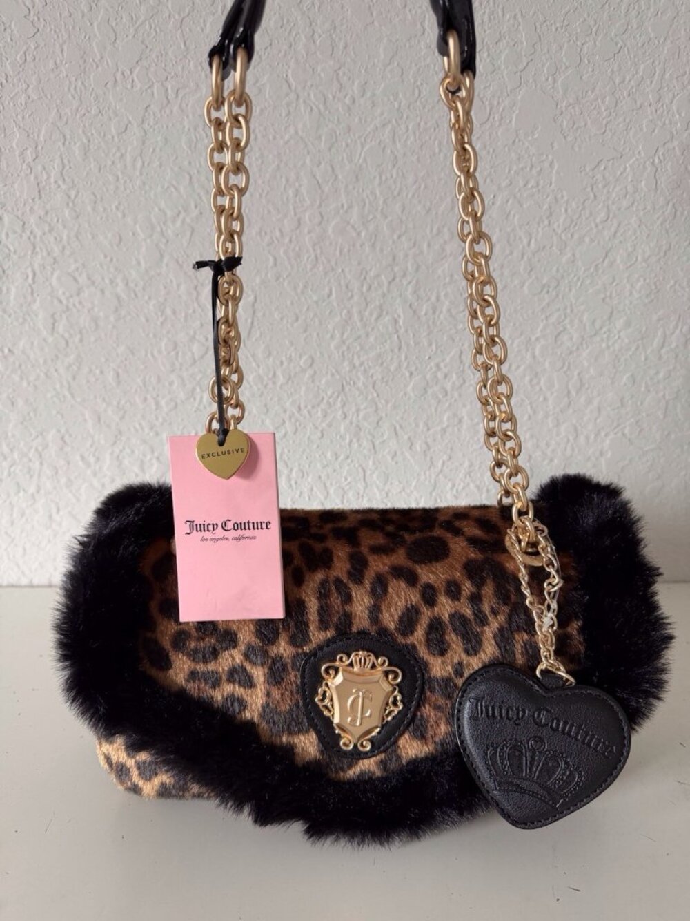 Juicy Couture Glamour Gang Leopard Print Faux Fur Trim Flap Crossbody Bag NEW
